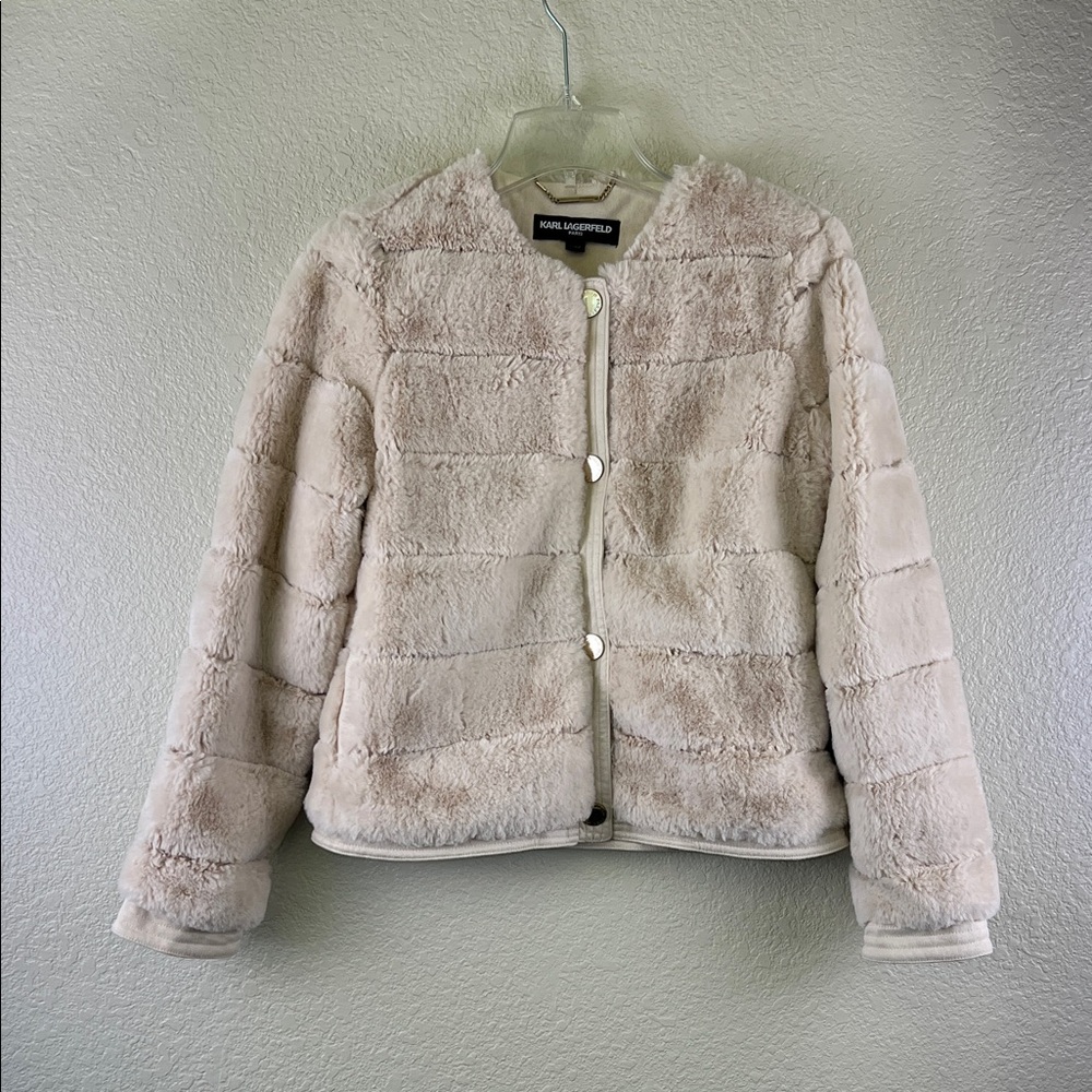 Karl Lagerfeld Paris cream color with gold accents faux fur jacket size small